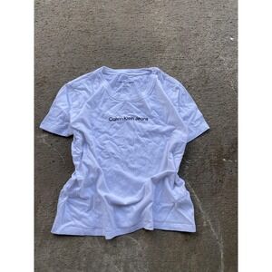 VTG Calvin Klein Jeans Shirt Womens Petite Large White Logo Graphic Tee Casual